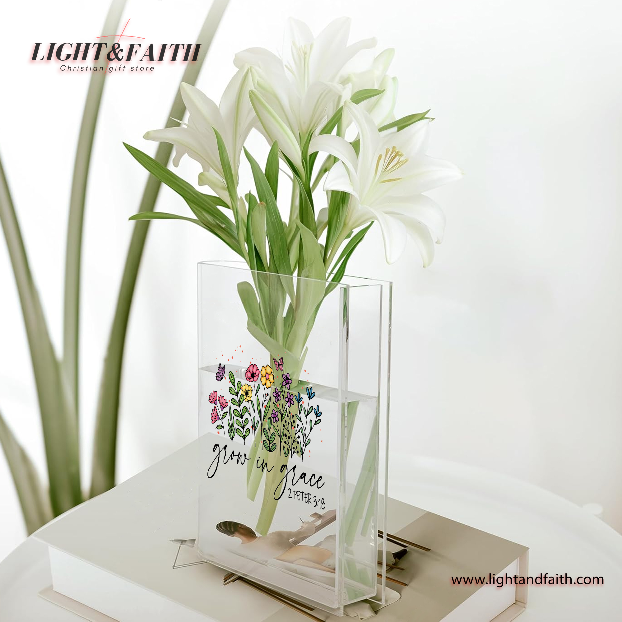 Grow in Grace Book Vase, Christian Book Vase, Bible Verse Book Shaped Flower Vase